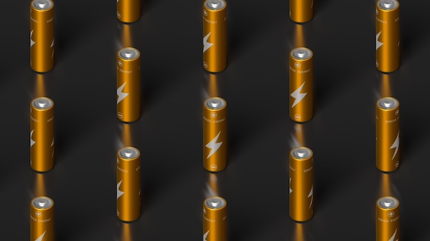 Free Photo isometric view on organized rows of aa golden batteries. 3d render illustration