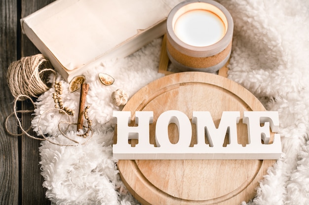 Free photo items of cozy home decor with wooden letters