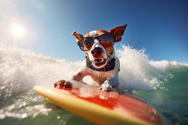 Jack russell dog surfing on a waveSunny day Summer concept AI generative