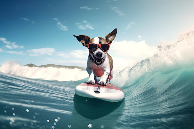 Jack russell dog surfing on a waveSunny day Summer concept AI generative