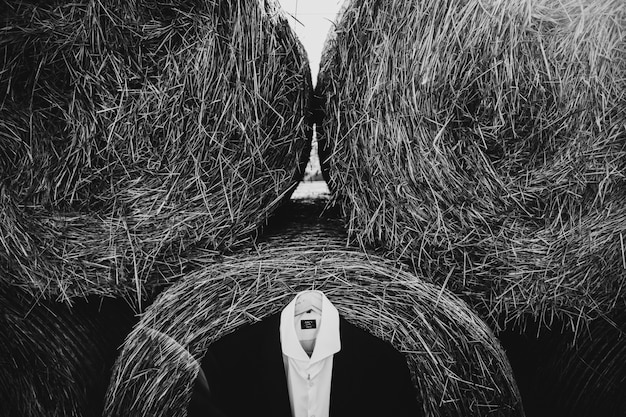 Free Photo jacket and white shirt hang on peg on hay roll