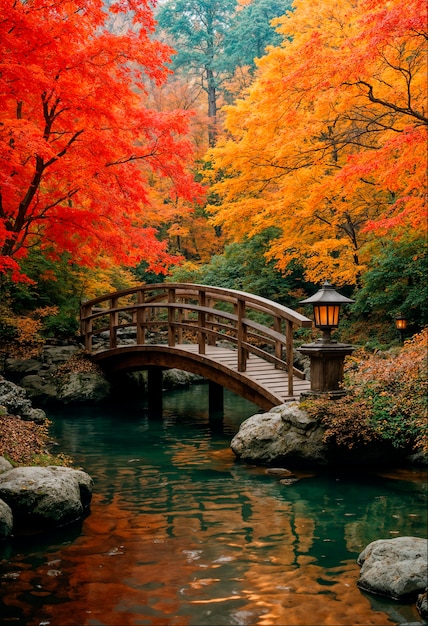 Japanese bridge over lake during autumn