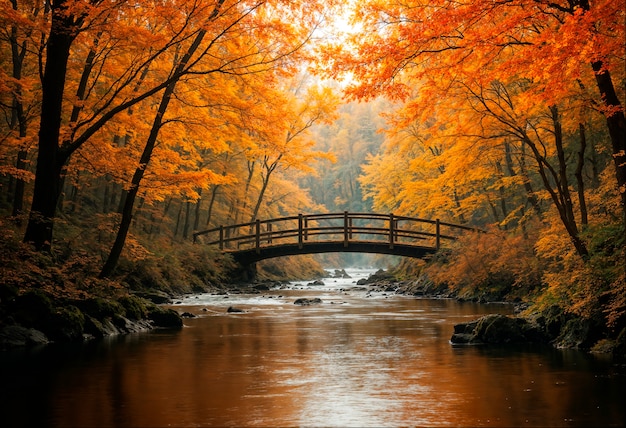 Japanese bridge over lake during autumn