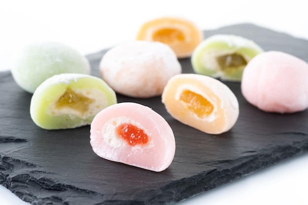 Japanese colorful mochi isolated on white background