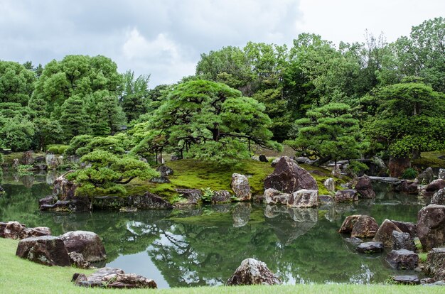 Japanese garden with tranquil pond