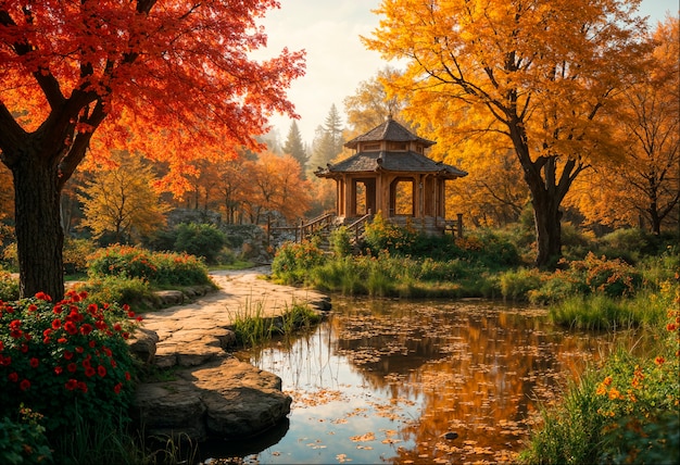 Japanese gazebo next to pound during autumn