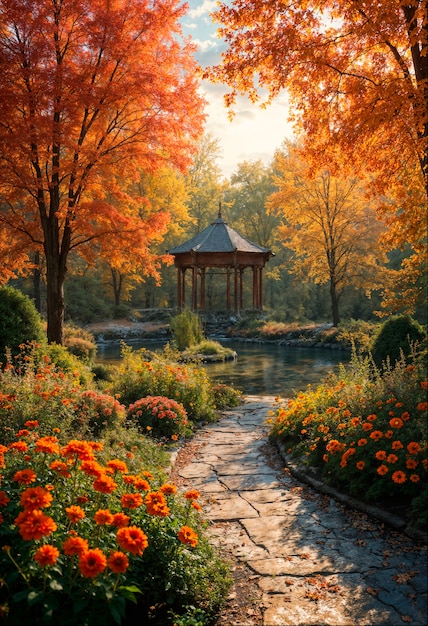 Japanese gazebo next to pound during autumn