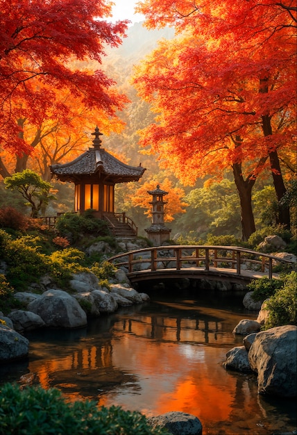 Japanese gazebo next to pound during autumn