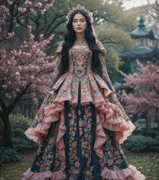 Japanese girl wearing a gorgeous dress at the garden