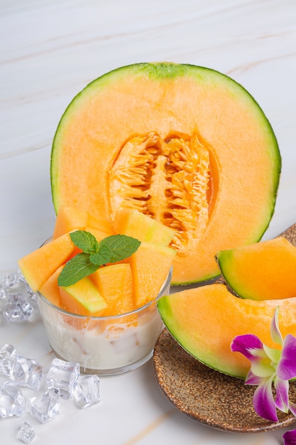 Japanese melon or cantaloupe, cantaloupe, seasonal fruit, health concept.