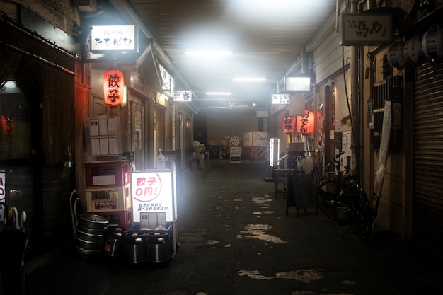 Japanese street food restaurants with signs