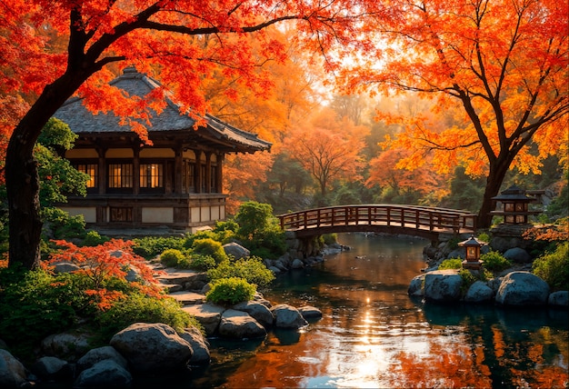 Japanese temple next to lake during autumn