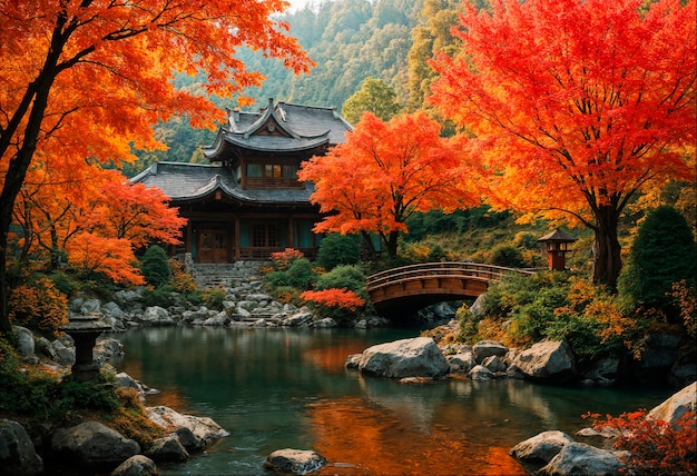 Japanese temple next to lake during autumn