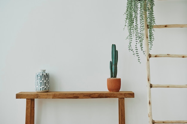 Japanese vase and cactus on a wooden bench