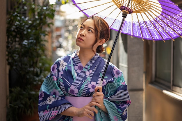 Japanese wagasa umbrella help by young woman