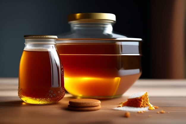 A jar of honey next to a jar of honey.