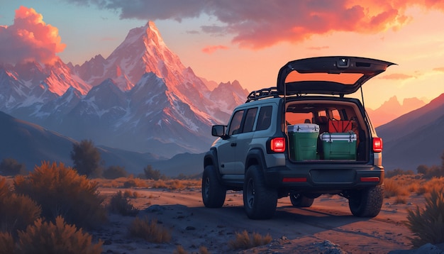 Free photo a jeep with a mountain in the background