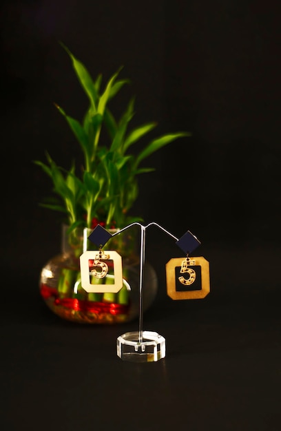 Jewellery earrings with bamboo tree background with place for text banner Fashion accessories