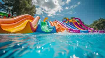 Free photo a joyful childrens pool party with colorful inflatables