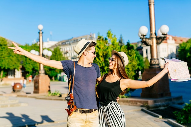 Joyful couple sightseeing