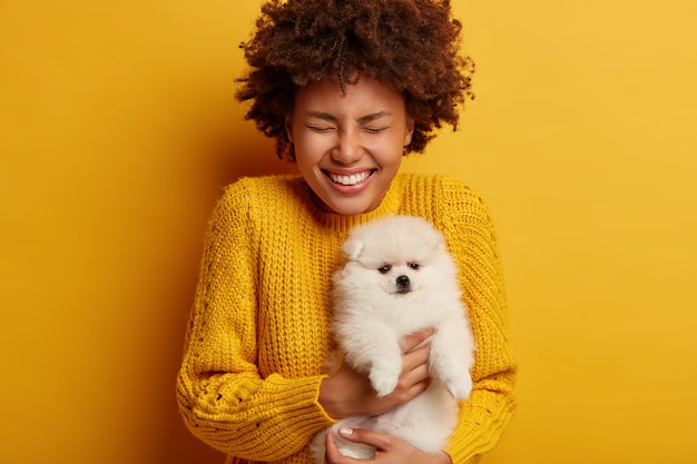 Joyful curly woman with white fluffy spitz carries dog to grooming salon, glad to get favorite breed pet as present from boyfriend