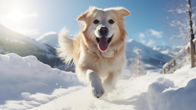 Free Photo joyful dog bounds along snowcovered mountain path