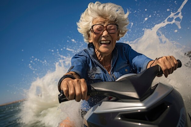 Joyful old woman having fun