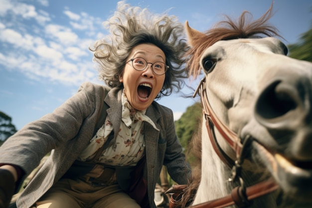 Joyful old woman having fun