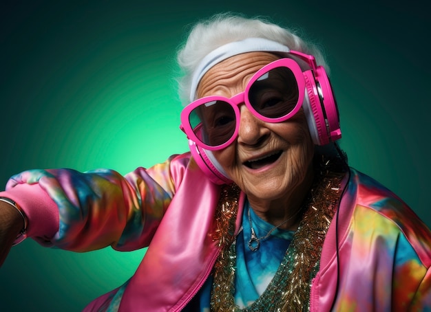 Joyful old woman having fun