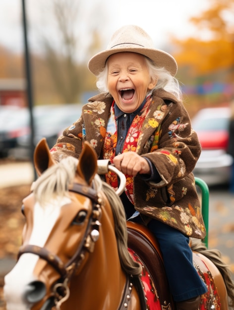 Joyful old woman having fun