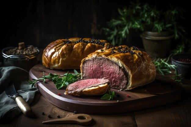 Juicy Beef Wellington tenderloin dish on rustic wooden table English food Ai generative