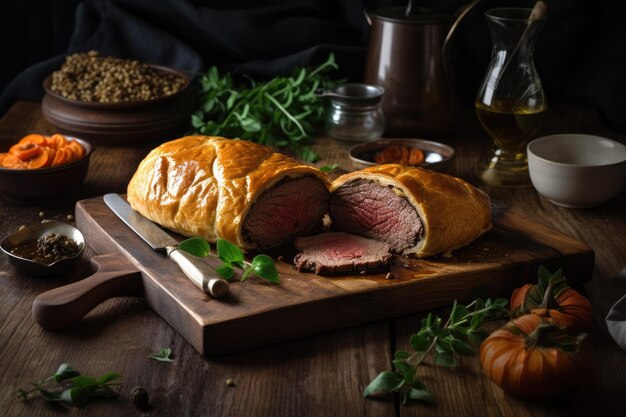 Juicy Beef Wellington tenderloin dish on rustic wooden table English food Ai generative