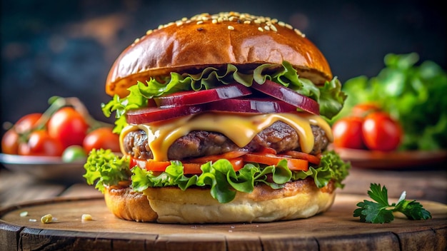 Free photo juicy cheeseburger on rustic wooden board