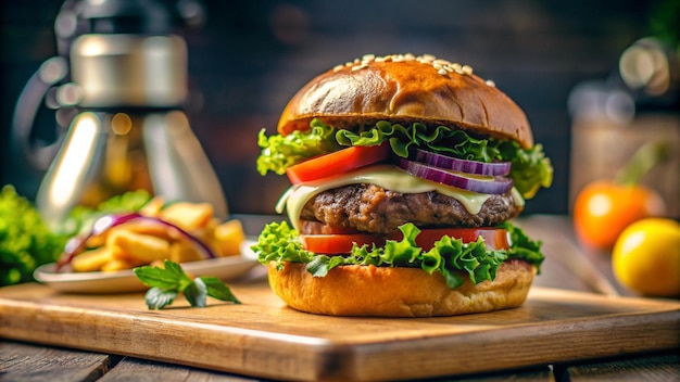 Free photo juicy cheeseburger on a wooden cutting board