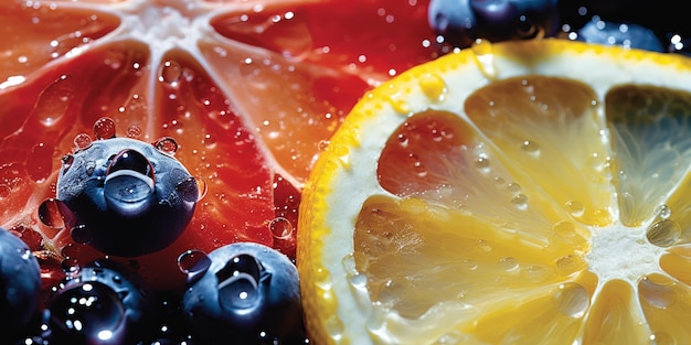 Free photo juicy display of citrus and berries gleaming with fresh water droplets