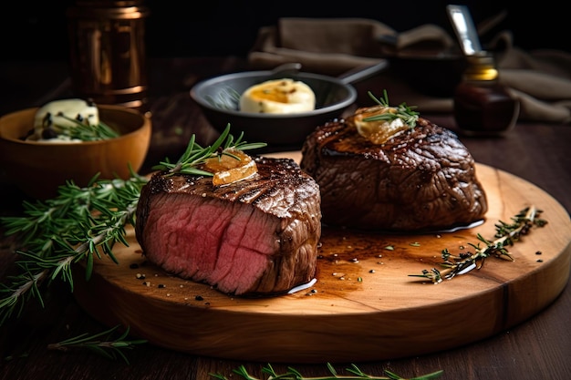 Juicy grillet fillet mignon with butter on rustic wooden table with vegetables Ai generative