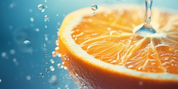 Free Photo juicy slice of orange with droplets suspended in air