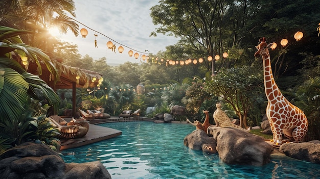 Free photo a jungle adventure pool party with animalthemed decorations and kids in safari outfits