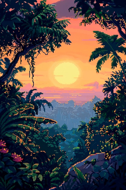 Free photo jungle landscape in pixel art style