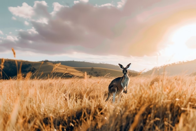 Kangaroos at sunset in dreamy style