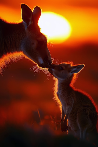 Free photo kangaroos at sunset in dreamy style