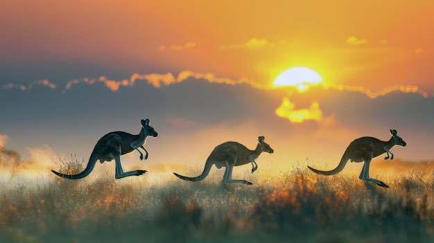 Free photo kangaroos at sunset in dreamy style