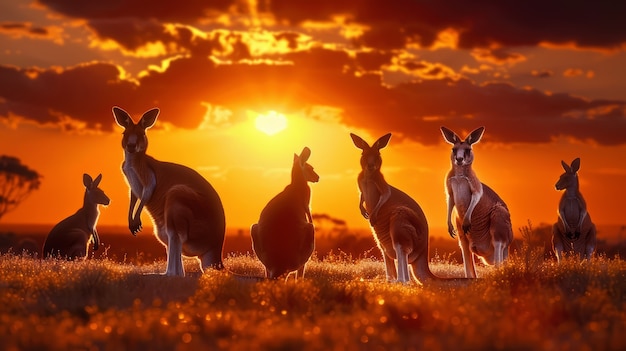 Free Photo kangaroos at sunset in dreamy style