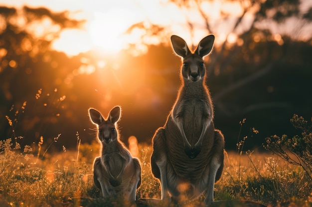 Free photo kangaroos at sunset in dreamy style