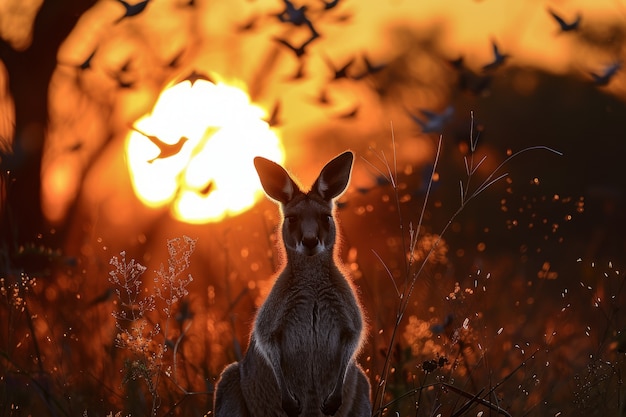 Free Photo kangaroos at sunset in dreamy style