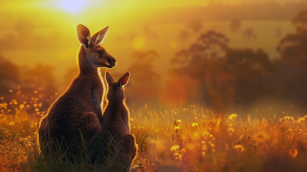 Kangaroos at sunset in dreamy style