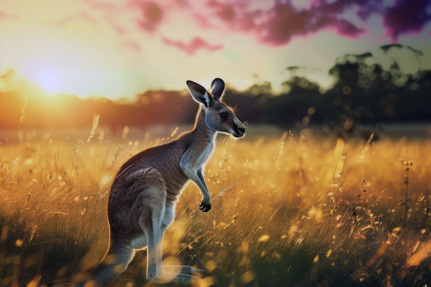 Free photo kangaroos at sunset in dreamy style