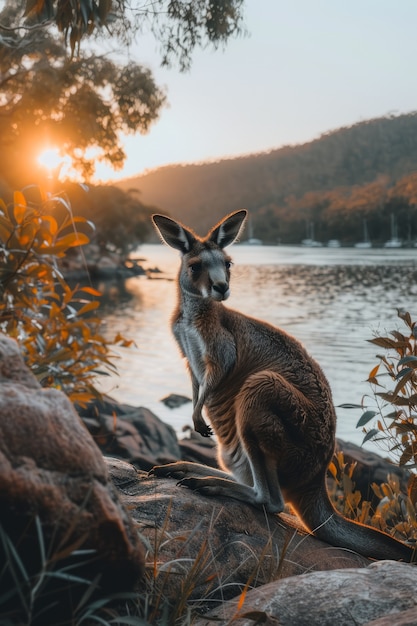 Free Photo kangaroos at sunset in dreamy style