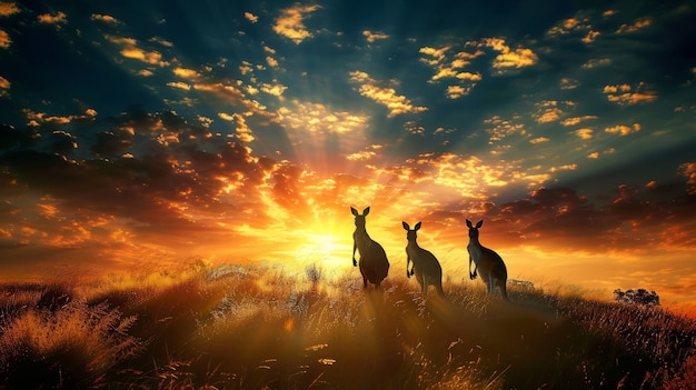 Free photo kangaroos at sunset in dreamy style