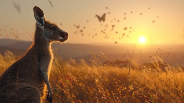 Free Photo kangaroos at sunset in dreamy style